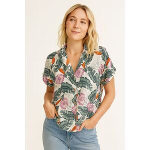 Tropical Floral Button-Front Camp Shirt - White/Green